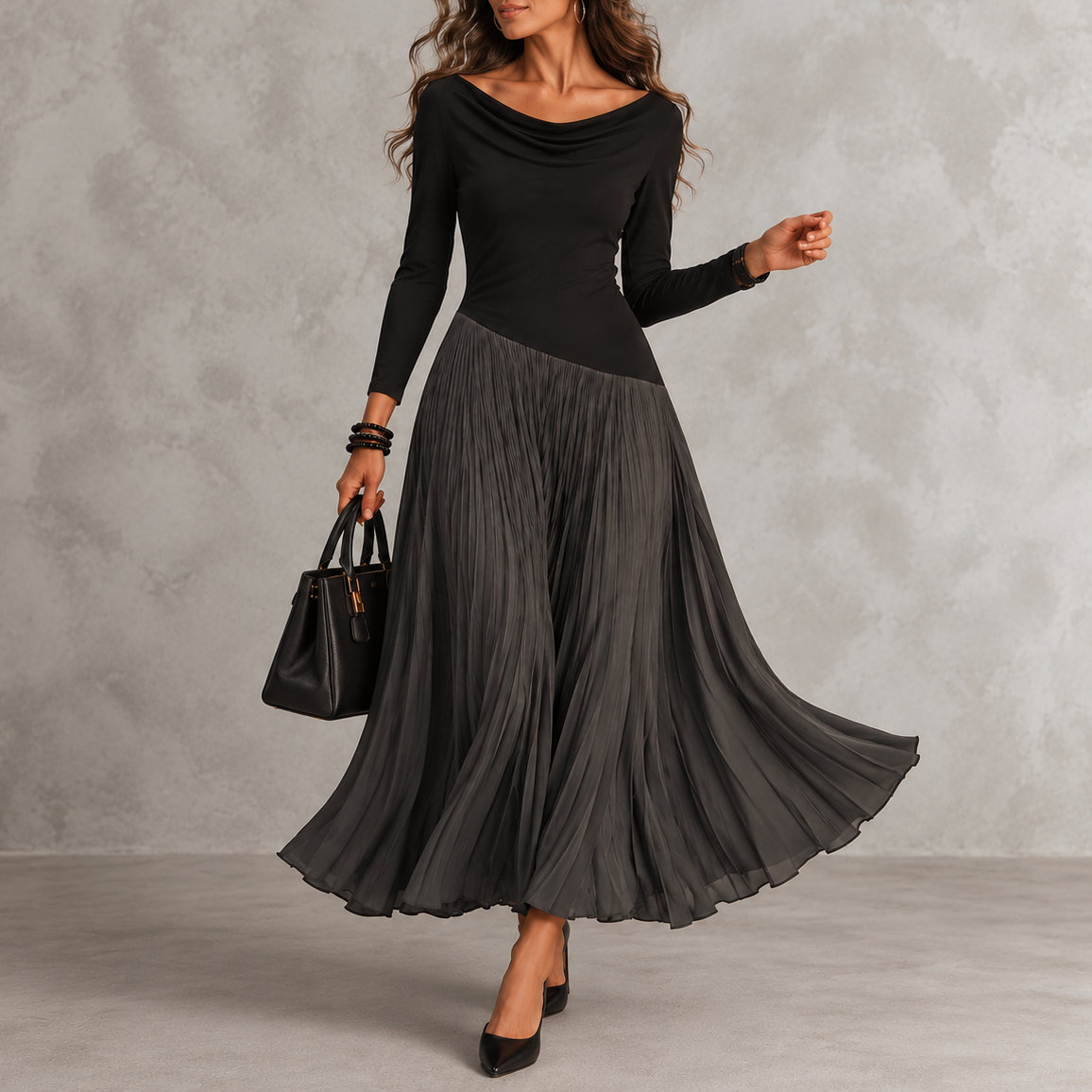 Elegant Long-sleeve Color-block Cowl-neck Maxi Dress
